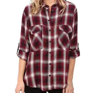 Sanctuary Maroon/White Plaid 100% Rayon‎ Rolled Sleeves Snap Down Shirt Size M